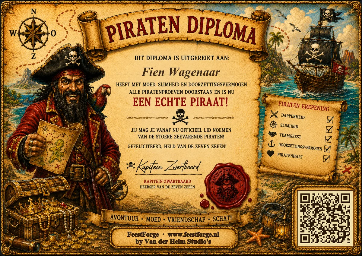 Speurtocht diploma met naam van het kind — piraten of prinses stijl
